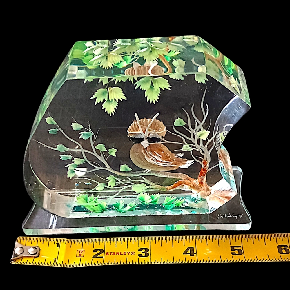 Vintage Lucite Owl Paperweight Sculpture Hand Painted Woodland Bird MCM Decor - Picture 3 of 16